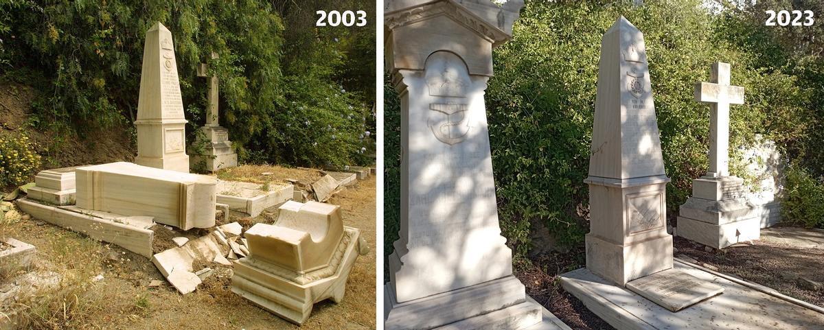 Recuperación del Cementerio Inglés: La tumba del capitán Karl Kretschmann antes y después.