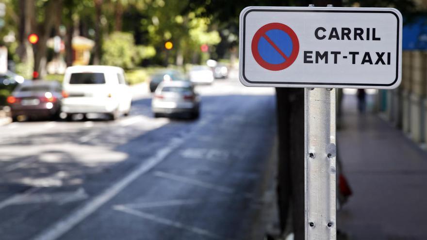 Carril bus con la prohibición de aparcar señalizada.