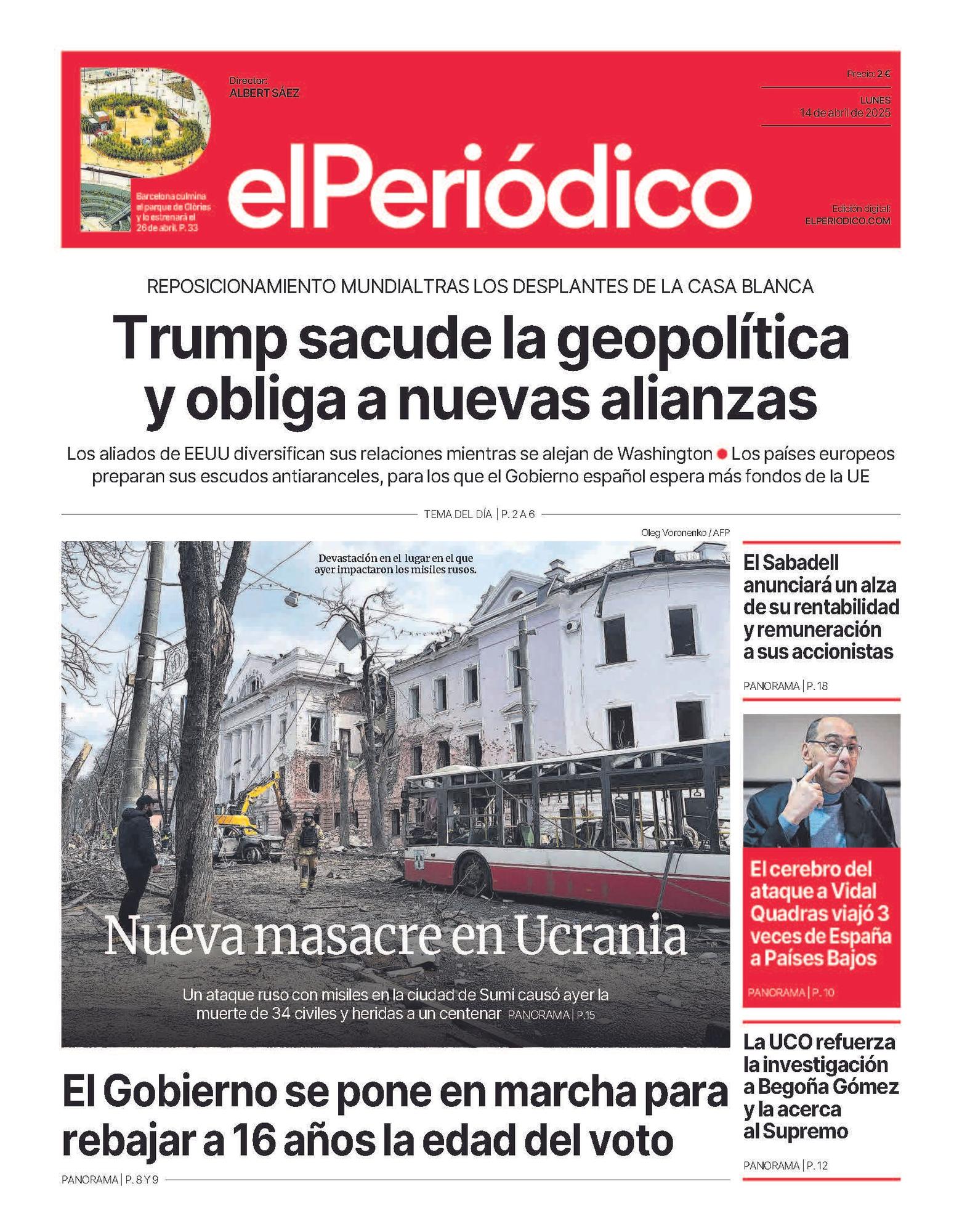 La portada de EL PERIÓDICO del 14 de abril de 2025