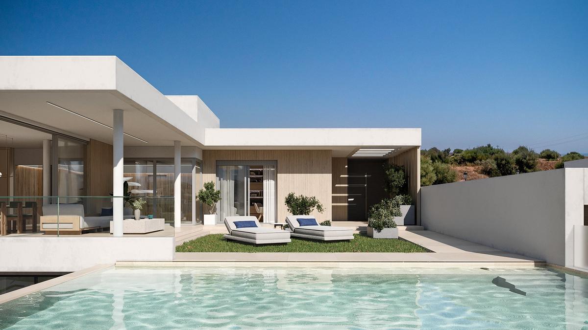 Jardín y piscina de Cyan, la nueva promoción de Aedas Homes en Estepona.