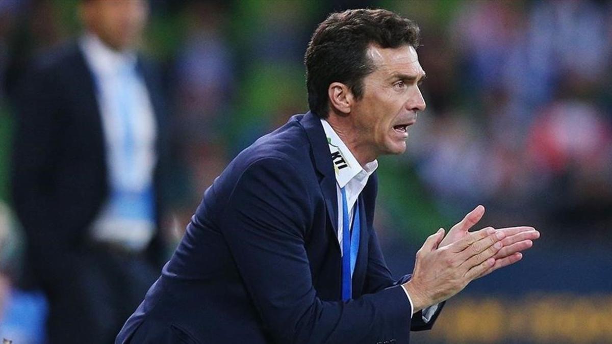 Guillermo Amor anima a sus jugadores durante un partido del Adelaide United.