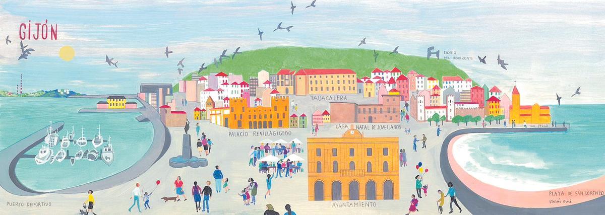 Reproducción de «En Gijón, arte», la obra de Covadonga Valdés Moré que ilustrará la promoción de la «vía gijonesa», el nuevo marco cultural de la política municipal.