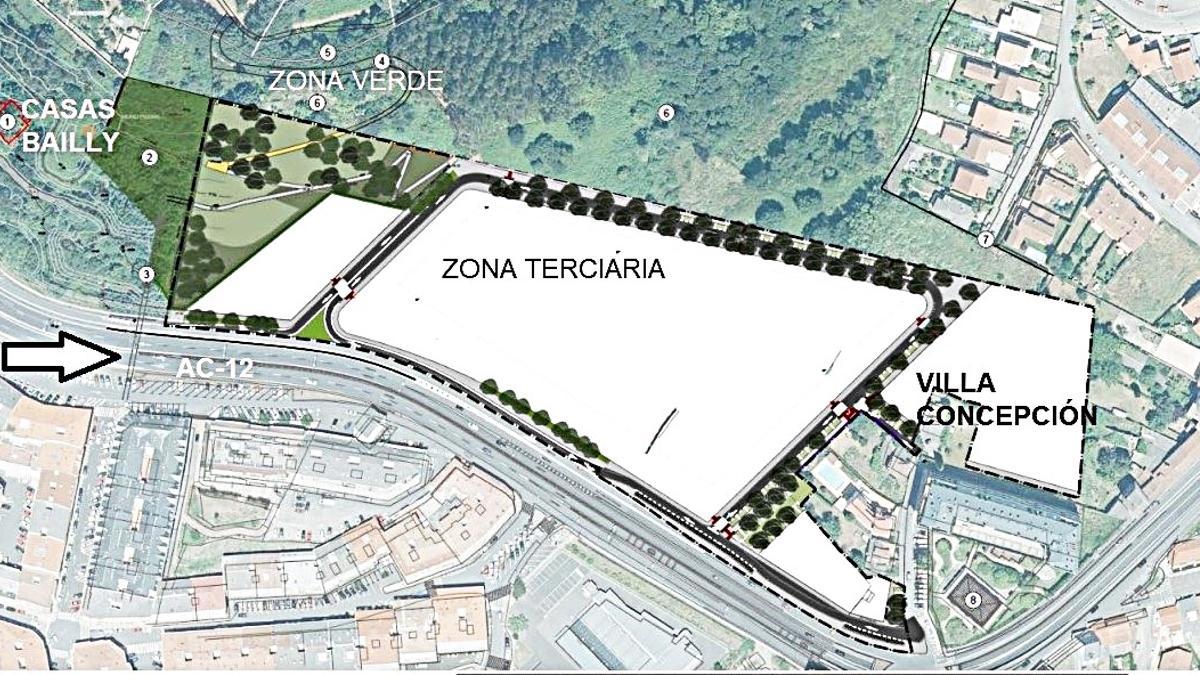 Señalizado con una flecha, la pasarela prevista sobre la N-VI entre el sector terciario y O Temple.