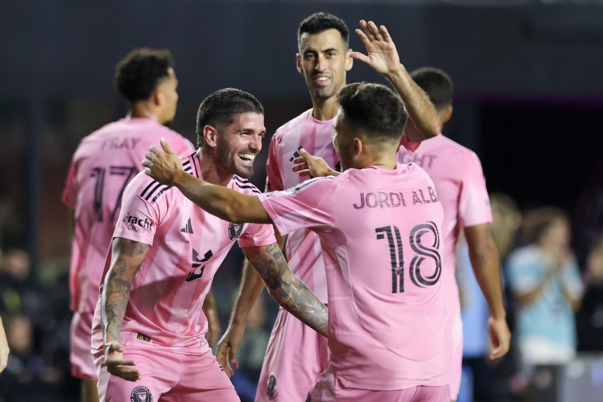 Los jugadores del Inter Miami celebran un tanto contra el NYC