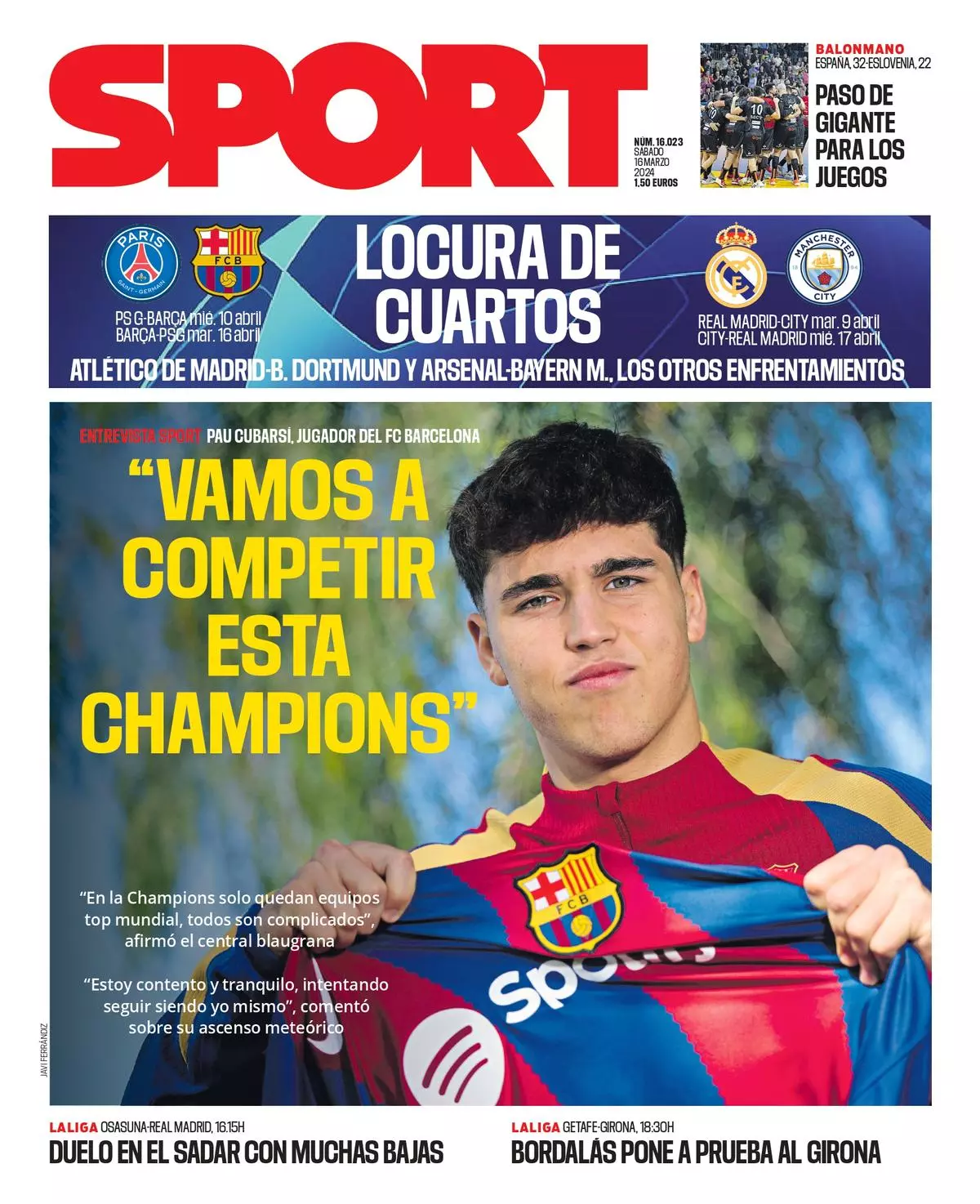 La portada SPORT de hoy, sábado 16 de marzo de 2024