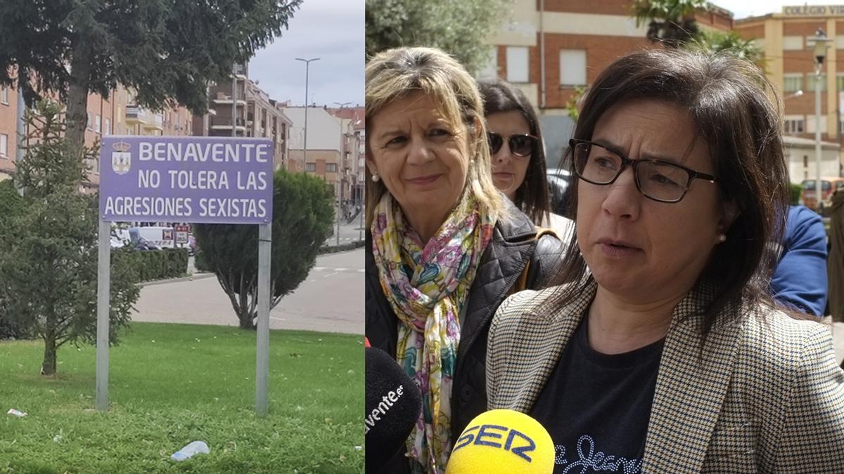 El cartel sobre violencia de género en los accesos a la ciudad y la secretaria de INterior del PP, Ana Vázquez.