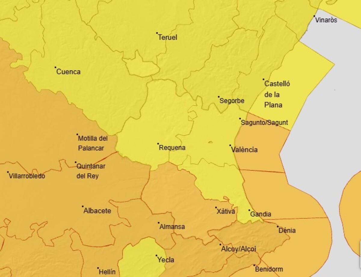 Avisos meteorológicos de la Aemet activos el miércoles 28 de enero en la Comunitat Valenciana.