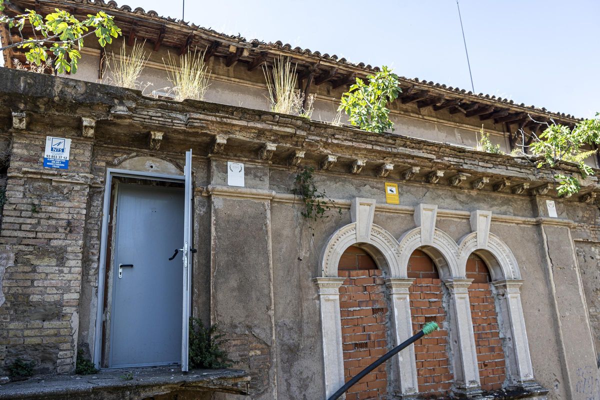 Imatge ue evidencia el mal estat de la construcció, amb vegetació creixent a la teulada