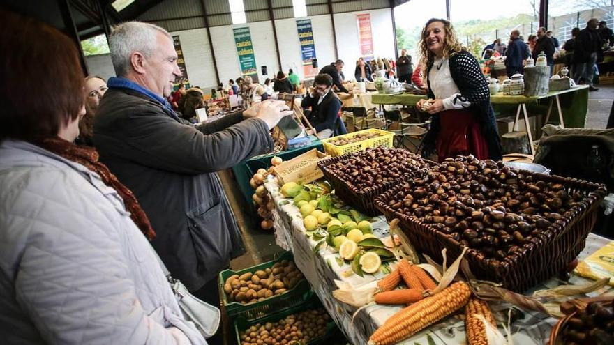 Carlos García fotografía las castañas valdunas expuestas en uno de los puestos del mercado.