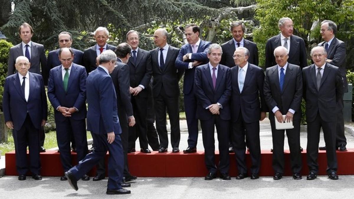 Miembros del Consejo Empresarial de la Competitividad en mayo del 2014, tras un almuerzo ofrecido en La Moncloa por el presidente del Gobierno, Mariano Rajoy