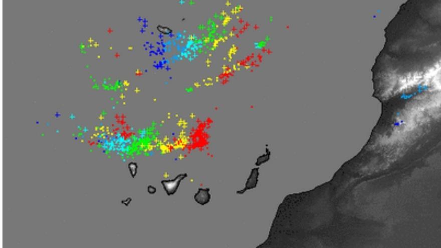 Mapa de los rayos registrados en las proximidades de Canarias