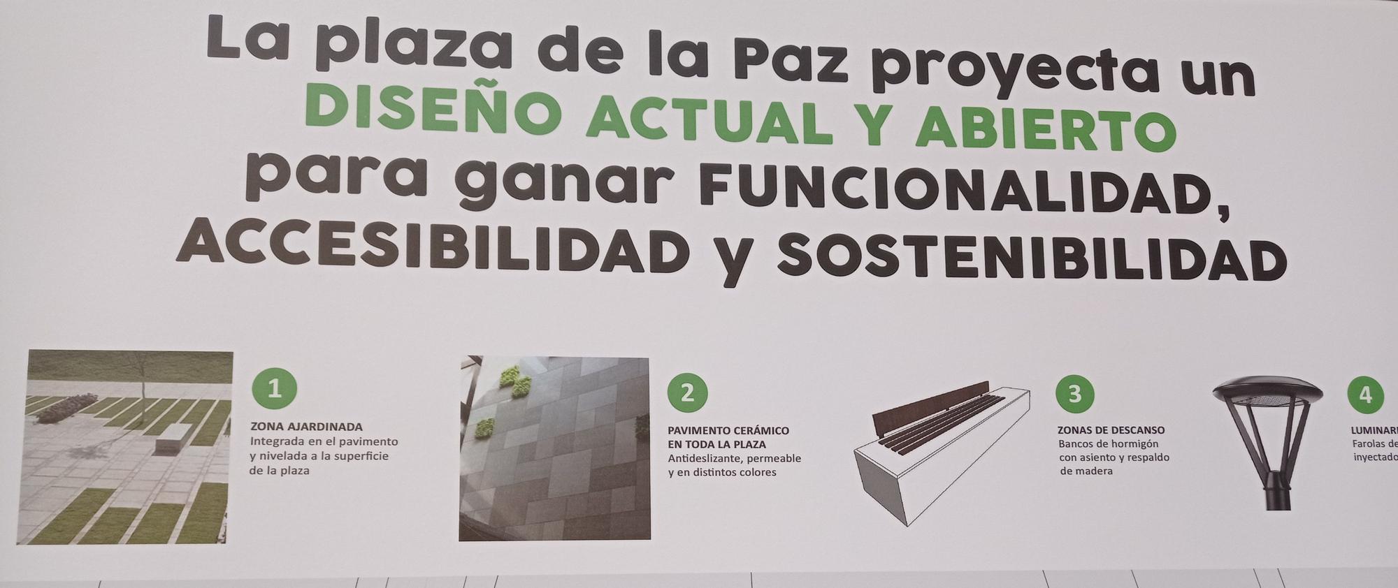 Zona ajardinada, pavimento, bancos y luminaria.