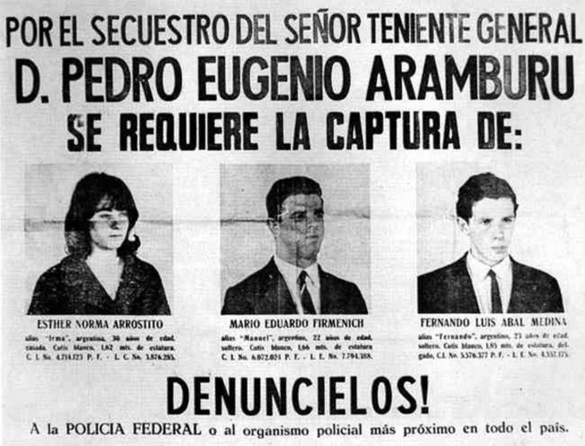Cartel de busca y captura a militantes Montoneros por el secuestro del general Aramburu. La mujer de la izda. es Esther Norma Arrostito.
