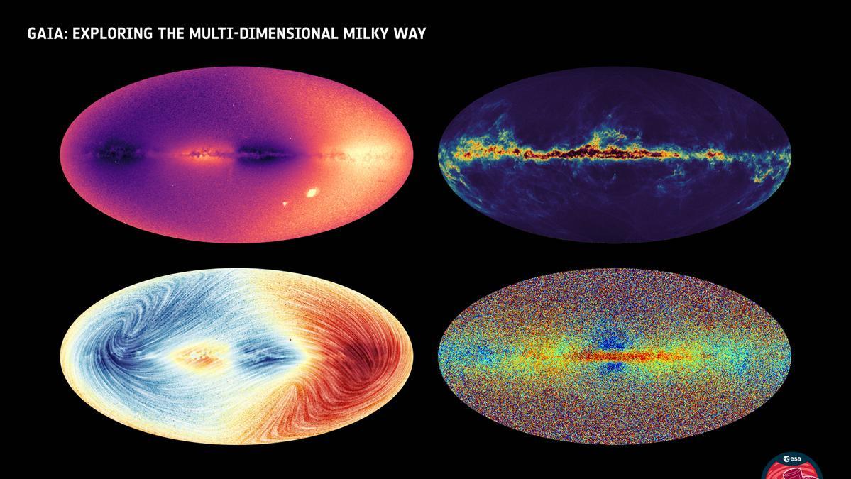 Cuatro mapas del cielo de la Vía Láctea elaborados con los nuevos datos de ESA Gaia. El primero indica la velocidad radial.  El segundo superior derecho, el polvo interestelar. El tercero (inferior izquierdo) el movimiento de nuestra galaxia y el cuarto (inferior derecho), el mapa químico.