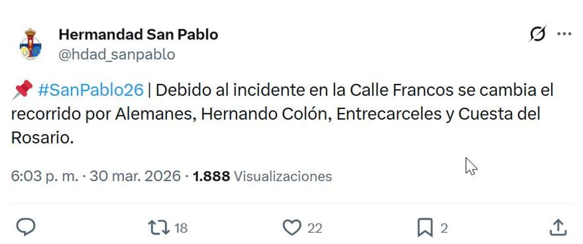 Información de la hermandad de San Pablo en Twitter