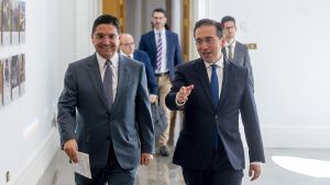 El ministro de Exteriores marroquí, Nasser Bourita, y el español, José Manuel Albares, este jueves en Madrid.