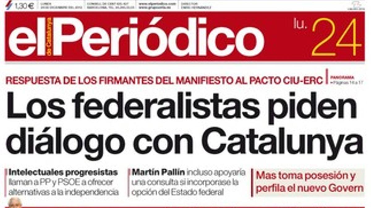 La portada de EL PERIÓDICO (24-12-2012).