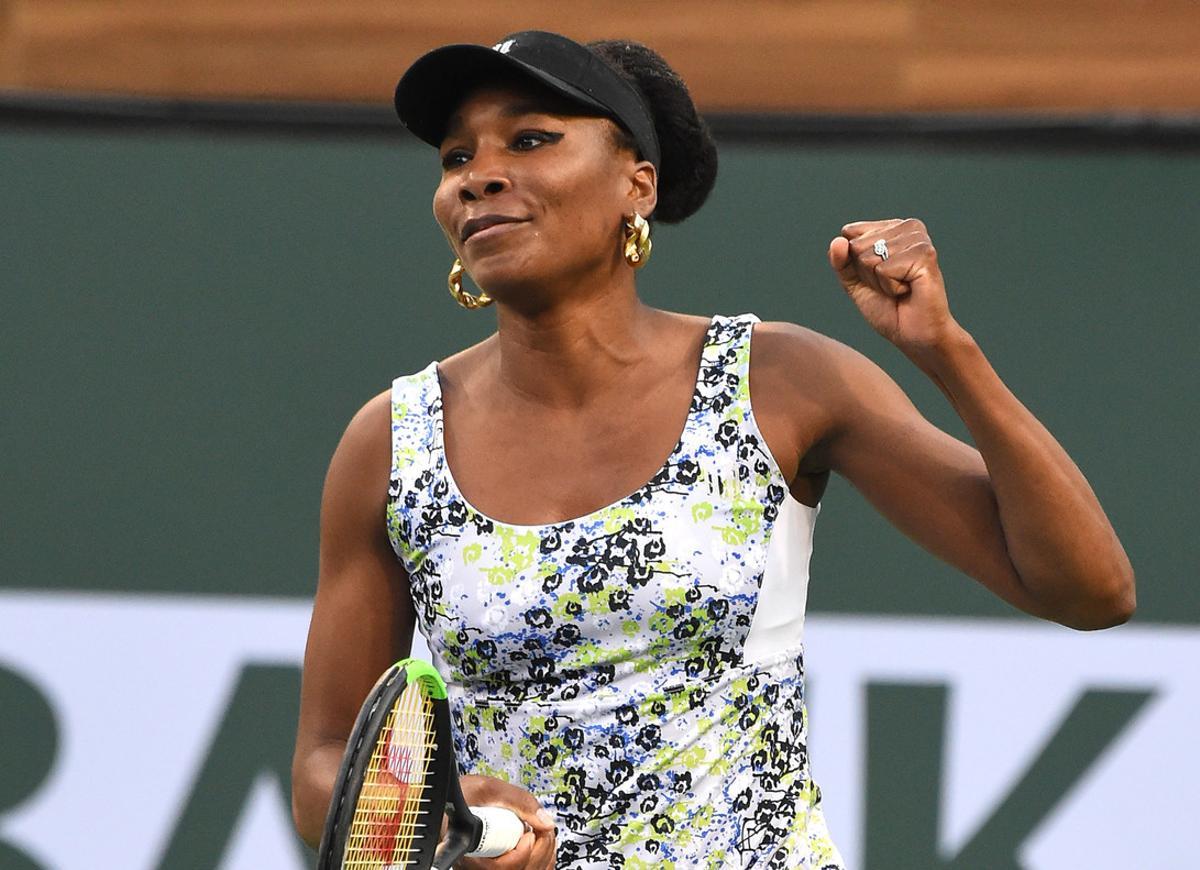 Mar 15, 2018; Indian Wells, CA, USA; Venus Williams (USA) reacts after winning her quarterfinal match against Carla Suarez Navarro (not pictured) in the BNP Paribas Open at the Indian Wells Tennis Garden. Mandatory Credit: Jayne Kamin-Oncea-USA TODAY Sports