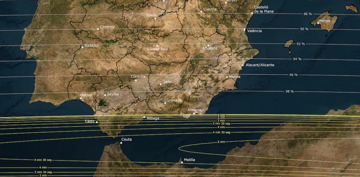 El mapa muestra la franja de totalidad del eclipse del 2 de agosto de 2027