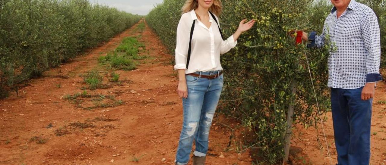 Cristòfol Rosselló, con su hija, ante una de las largas hileras (2 kilómetros) de olivos plantados en Son Mesquidassa. Pep Córcoles