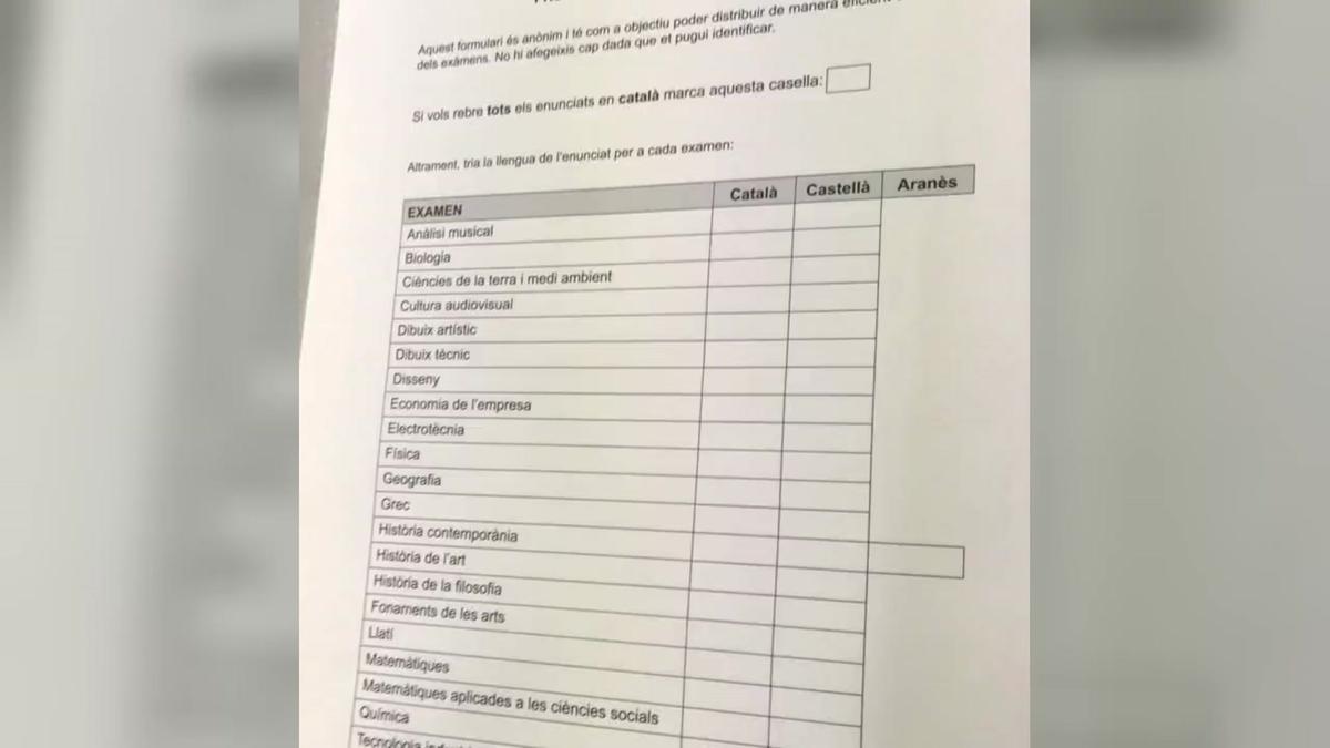 Formulario para elegir lengua en las pruebas de selectividad.