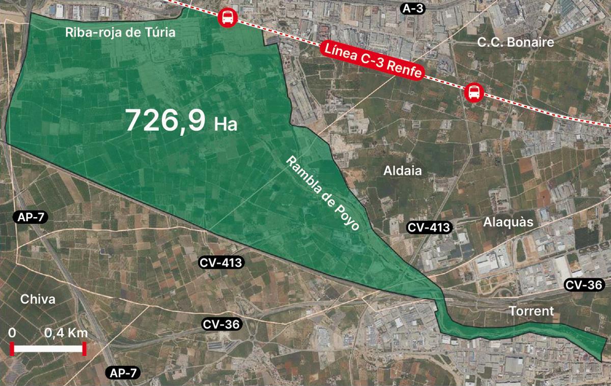 Mapa en el que se muestra el área que ocupa el sector de Pla de Quart en el proyecto de parques inundables