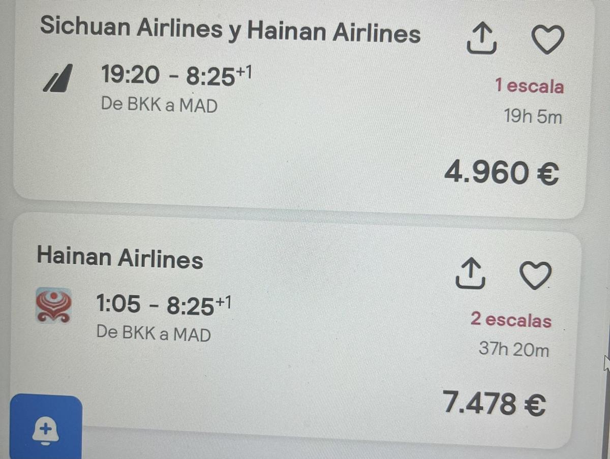 Dos capturas, de esta misma mañana, de billetes de Bangkok a Madrid.