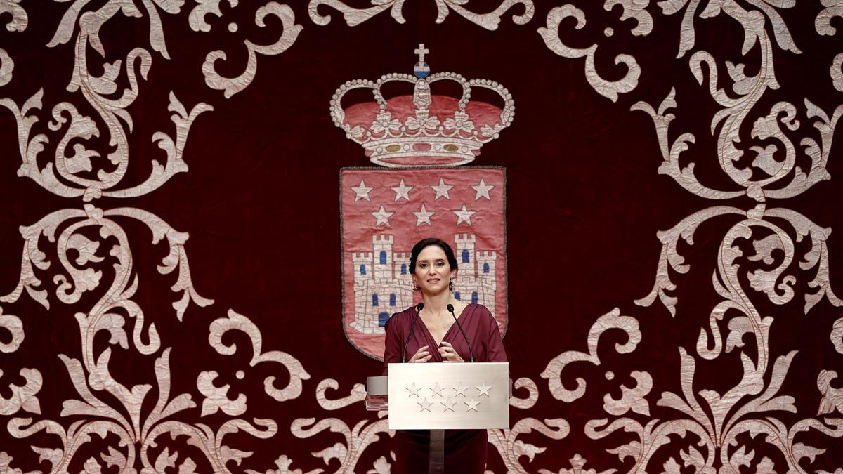 La presidenta de la Comunidad de Madrid, Isabel Díaz Ayuso, este viernes, en el acto de homenaje a la Constitución de la Comunidad de Madrid.