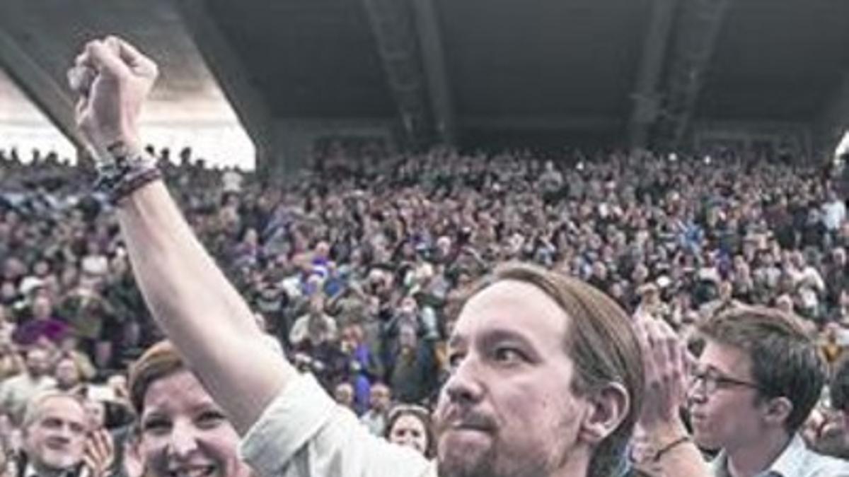 El líder de Podemos, Pablo Iglesias, en el mitin de ayer en Valencia.