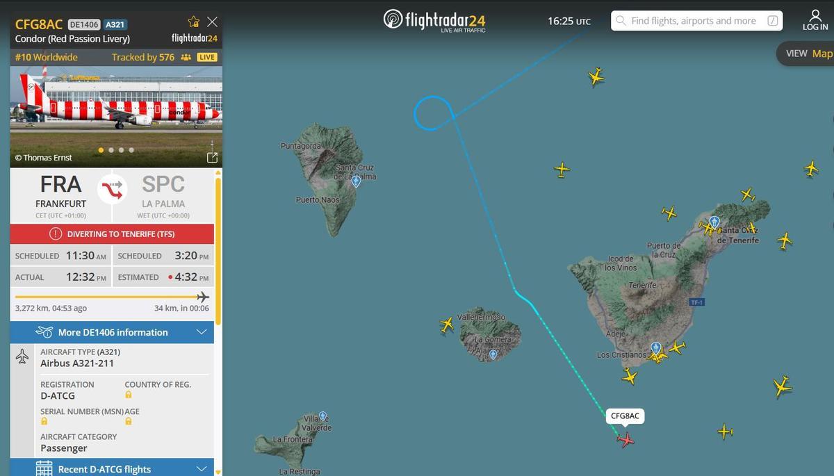 Trayecto de uno de los vuelos con destino La Palma desviado a causa de la borrasca Claudia