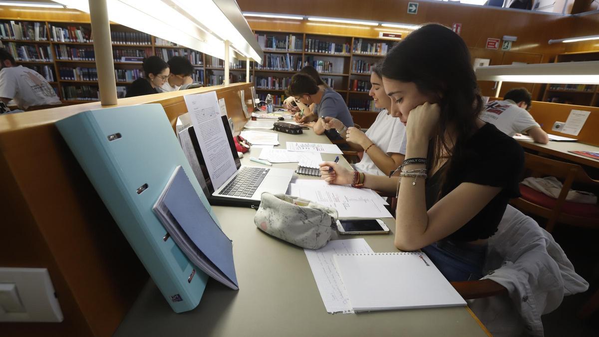 Dos jóvenes estudiantes preparan sus exámenes en la biblioteca.
