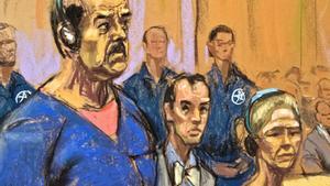 AME2481. NUEVA YORK (ESTADOS UNIDOS), 05/01/2026.- Fotografía de un dibujo realizado por la artista Jane Rosenberg donde aparece el presidente de Venezuela, Nicolás Maduro (c), junto a su esposa,, Cilia Flores (d), compareciendo ante un tribunal federal este lunes, en Nueva York (EE.UU.). Tanto Maduro como su esposa se declararon no culpables de todos los cargos de los que les acusa y el mandatario afirmó que sigue siendo el presidente de Venezuela y que es un prisionero de guerra y ha sido secuestrado. EFE/ Jane Rosenberg