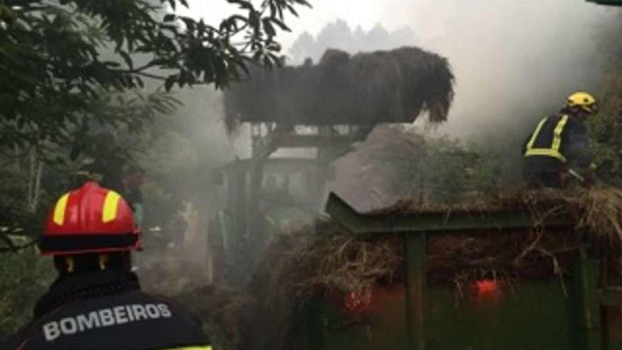 Bomberos de Verín y vecinos de Matamá sacando alpacas en llamas. // FdV