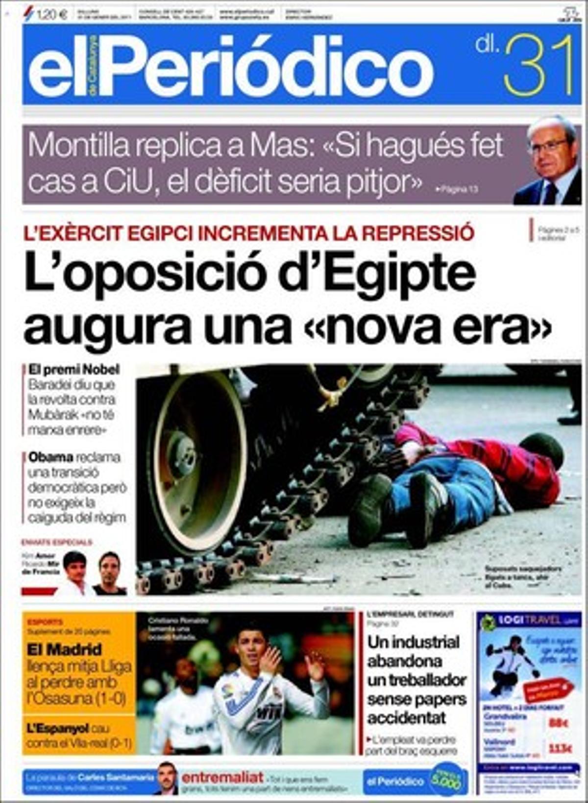 EL PERIÓDICO també destaca a dins que la poca formació dels professors frena el pla de les aules digitals a Catalunya i que el ’boom’ de webs i dispositius amenaça l’estructura d’internet. Fa una revisió de la situació de la Ciutat Meridiana i remarca que les caixes necessitaran 25.000 milions per a la seva recapitalització. També parla de l’inici de la setmana barcelonina de la novel·la negra i que es poden arribar a pagar 150.000 euros per una foto de Shakira i Piqué. Les claus de Johan Cruyff i el quadern ’Esports’ completen l’oferta del dia.