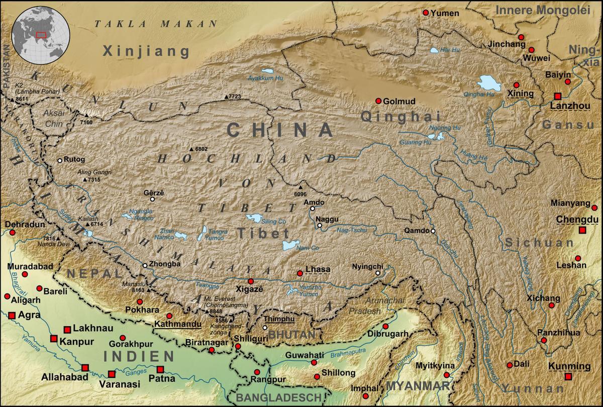 Mapa fisico de la Meseta Tibetana