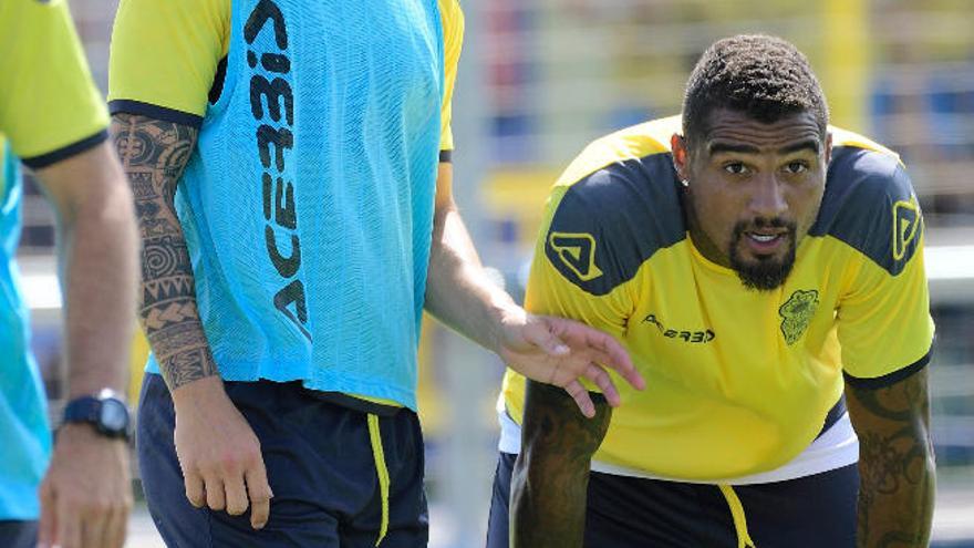 El atacante y rostro franquicia de la UD Prince Boateng, en un entrenamiento de este agosto, en El Hornillo.