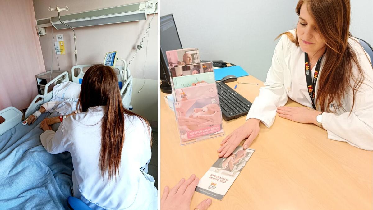 La psicòloga Victòria Comas atenent un pacient oncològic a planta i durant una visita a consultes externes, a l'Hospital de Figueres.