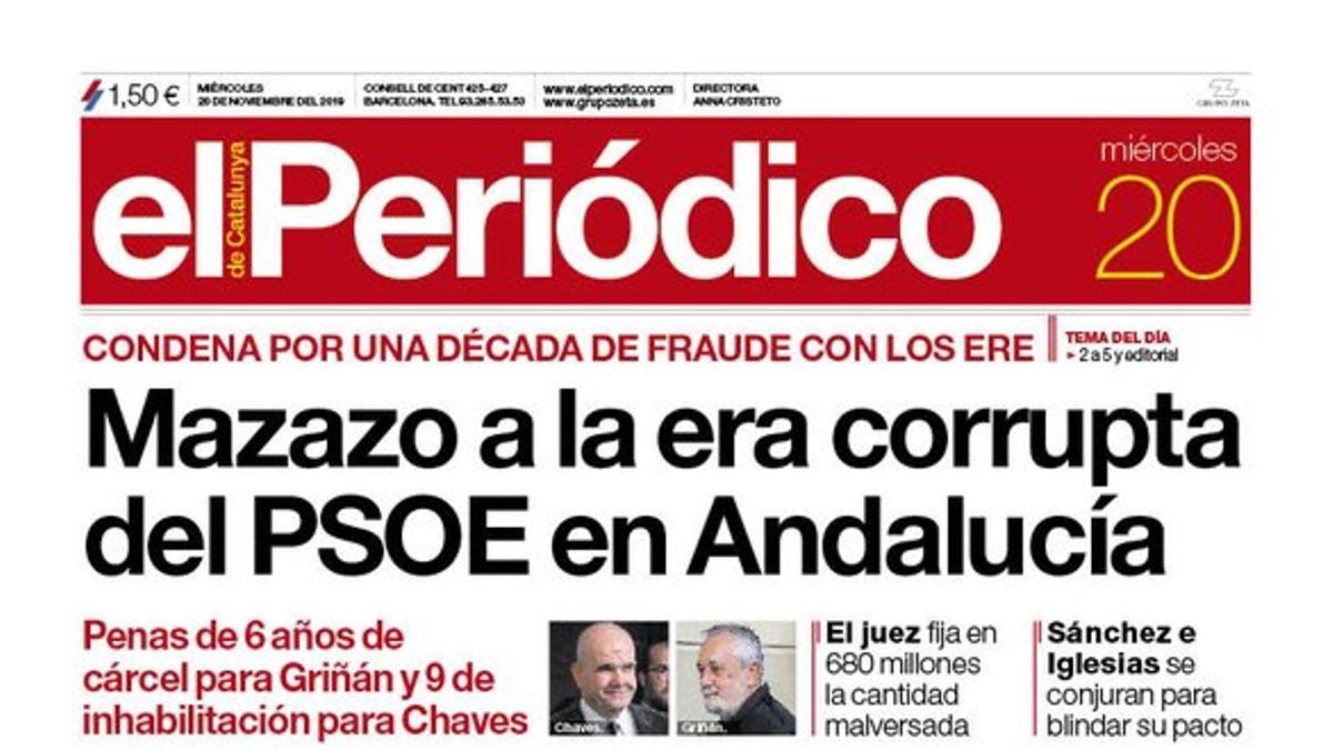 La portada de EL PERIÓDICO del 20 de noviembre del 2019