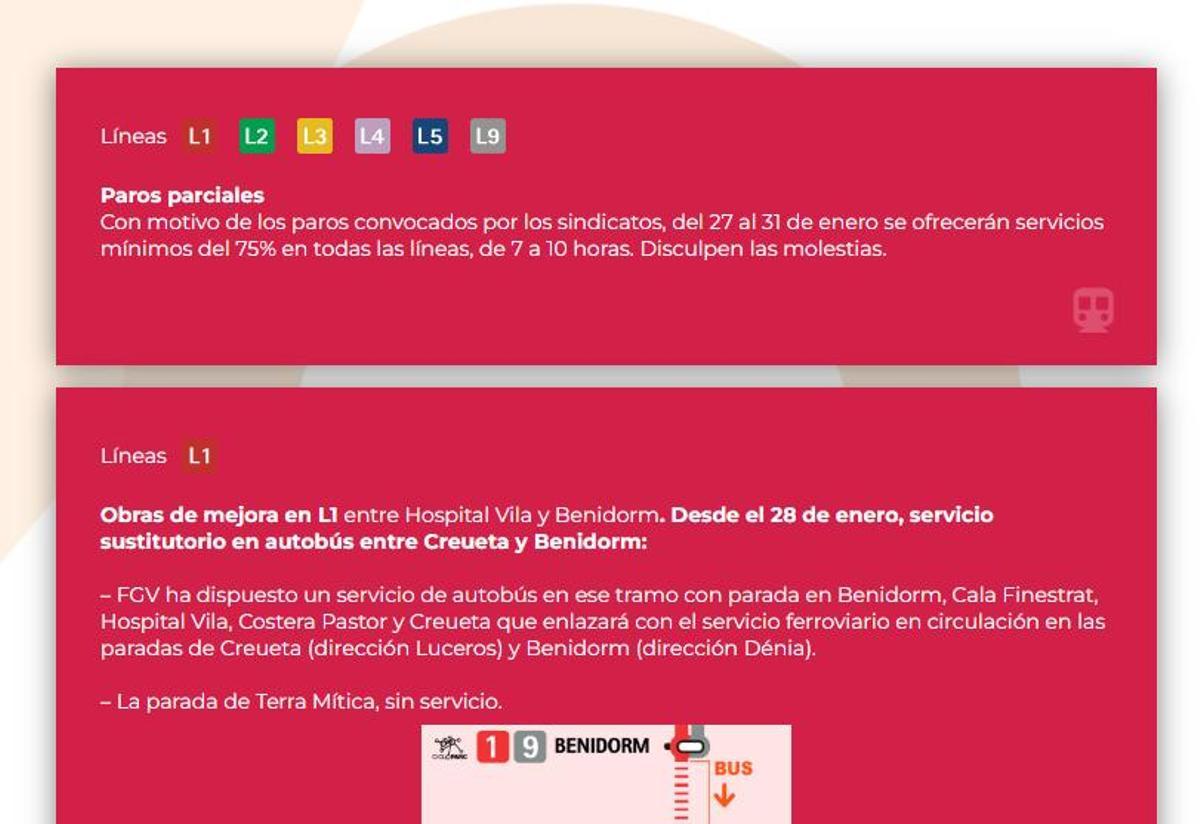 Aviso que se ha puesto en la página web del TRAM de Alicante.