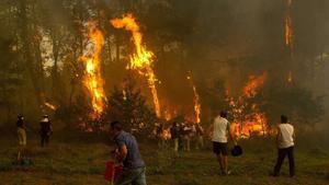 Un grupo de vecinos lucha contra el fuego en la zona de Zamanes, cerca de Vigo.