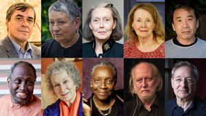 De izquierda a derecha y de arriba abajo: MIrcea Cartarescu, Liudmila Ulitskaya, Anne Carson, Annie Ernaux, Haruki Murakami, Ngugi Wa Thiongo, Margaret Atwood, Maryse Condé, László Krasznahorkai y Péter Nádas