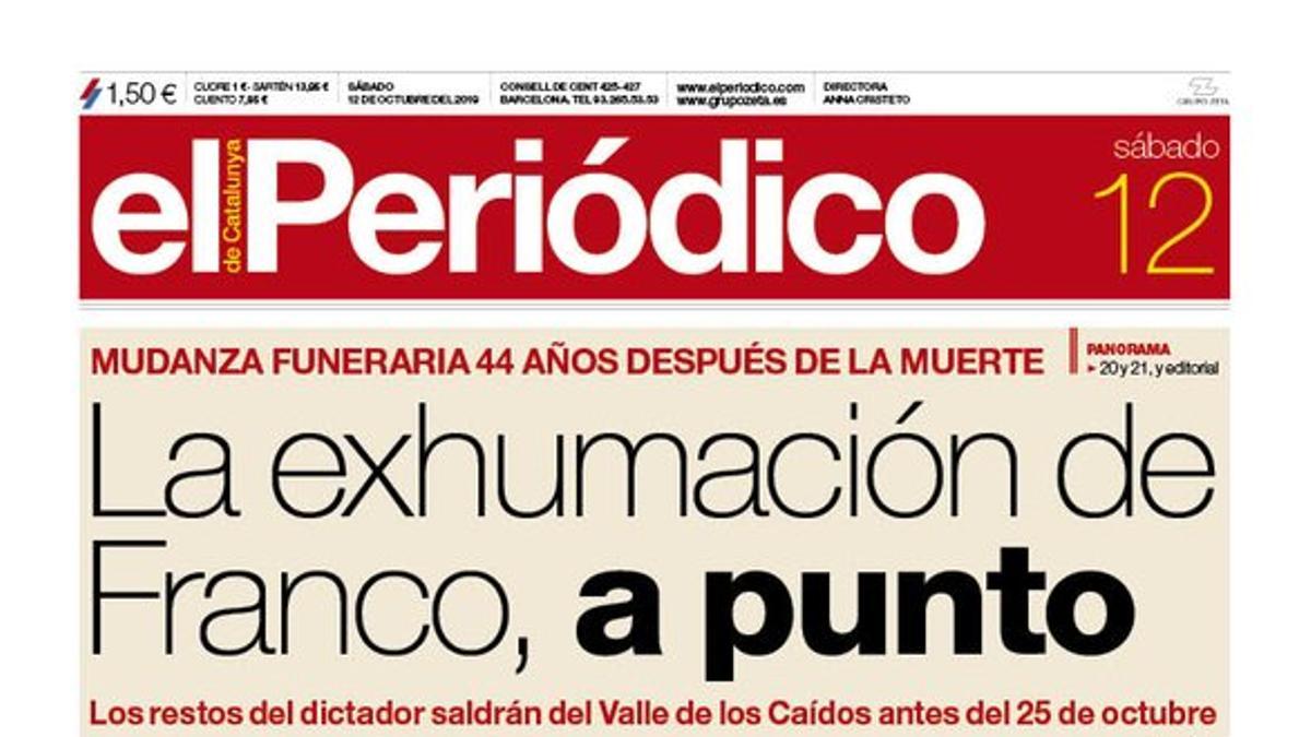 La portada de EL PERIÓDICO del 12 de octubre del 2019