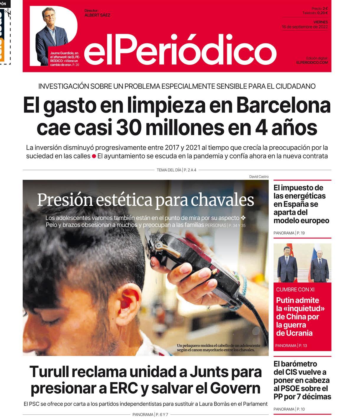 La portada d’EL PERIÓDICO del 16 de setembre del 2022