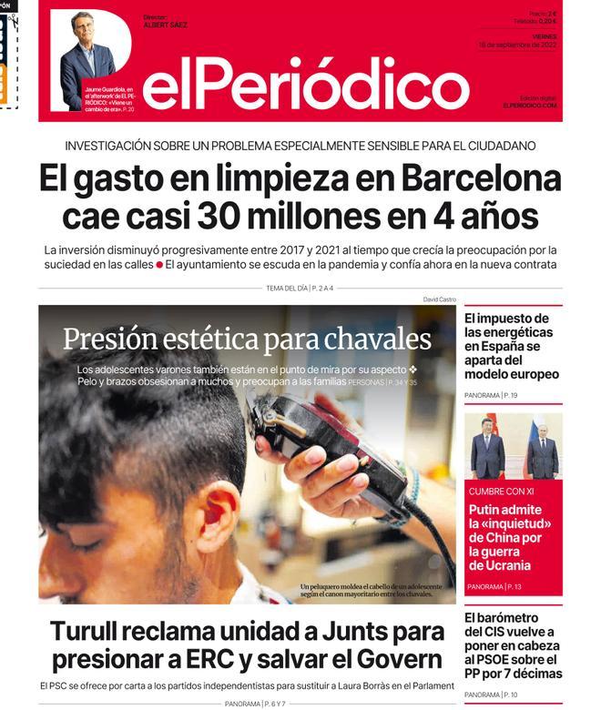 La portada d’EL PERIÓDICO del 16 de setembre del 2022