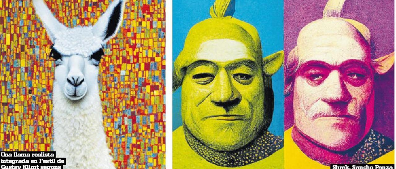 Una llama realista integrada en l'estil de Gustav Kliment segons la IA Stable Diffusion/Shrek, Sancho Panza i Don Quixot, barrejats per la intel·ligència artificial.