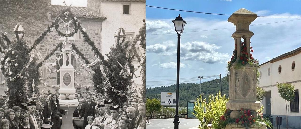 Bendición de la fuente en la plaza de la Iglesia en 1932 y enclave actual, en la entrada al municipio.