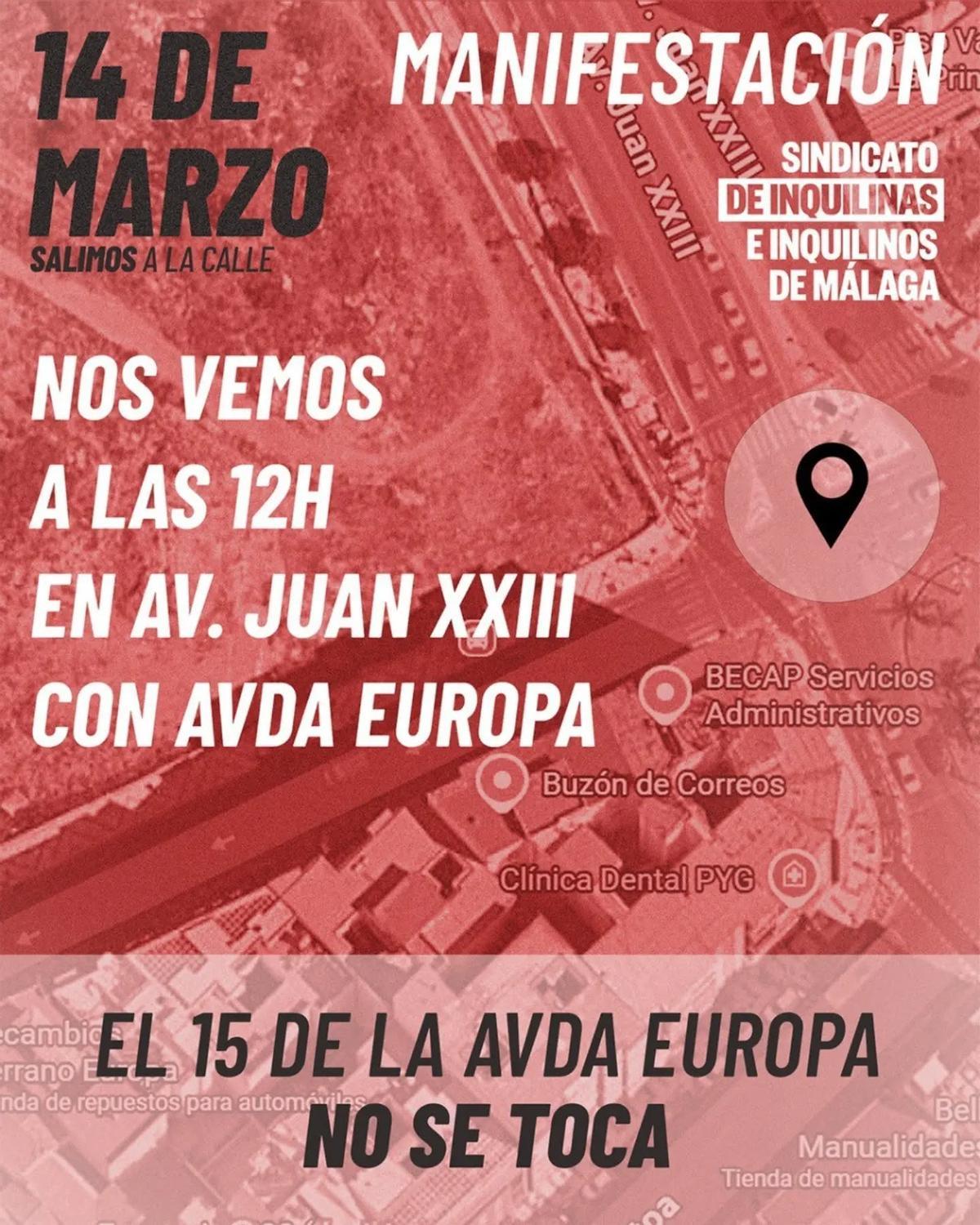 Cartel de la manifestación del sábado 14, del Sindicato de Inquilinas e Inquilinos de Málaga.