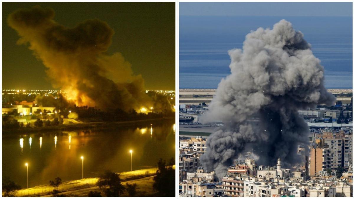 A la izquierda, bombardeo en Bagdad en 2003 contra el Ministerio de Planificación. A la derecha, ataque israelí contra un oibjetivo de Hizbulá en el sur del Líbano.