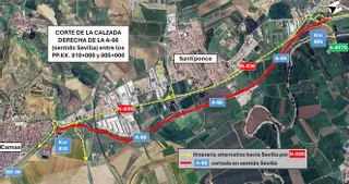Comienzan los cortes por las obras en la A-66 sentido Sevilla por Santiponce y Camas