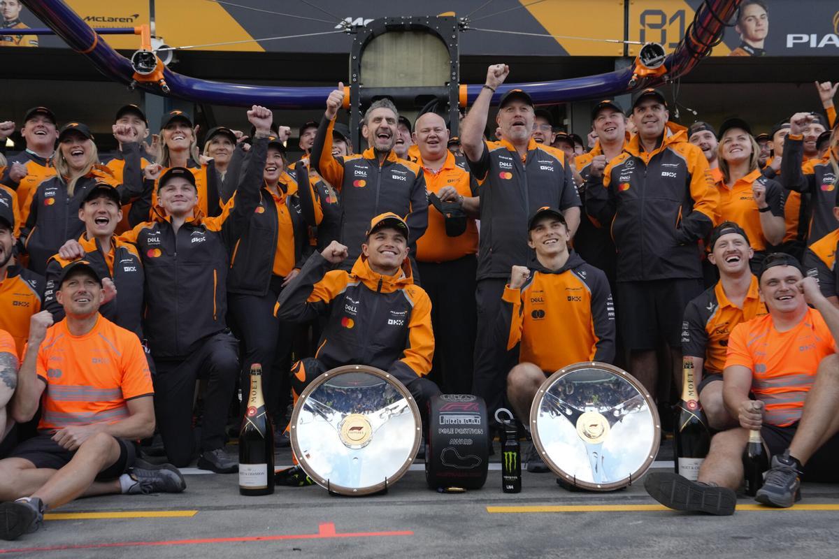 Race winner McLaren driver Lando Norris of Britain and teammate Oscar Piastri of Australia pose with their team following the Australian Formula One Grand Prix at Albert Park, in Melbourne, Australia, Sunday, March 16, 2025. (AP Photo/Asanka Brendon Ratnayake) Race winner McLaren driver Lando Norris of Britain and teammate Oscar Piastri of Australia pose with their team following the Australian Formula One Grand Prix at Albert Park, in Melbourne, Australia, Sunday, March 16, 2025. (AP Photo/Asanka Brendon Ratnayake)